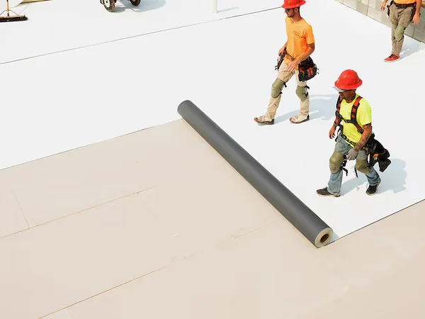 Workers installing new TPO system on commercial roof
